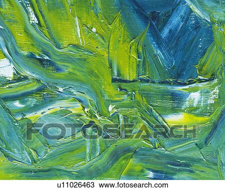Stock Image - Oil Painting in Green, Blue and White Colors, Front View. Fotosearch
