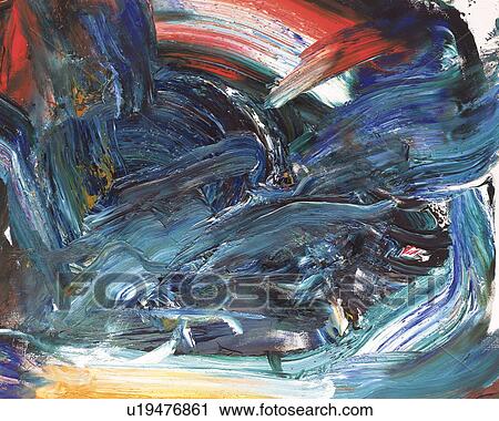Stock Image - Oil Painting in Green, Red and Blue Colors, Front View. Fotosearch
