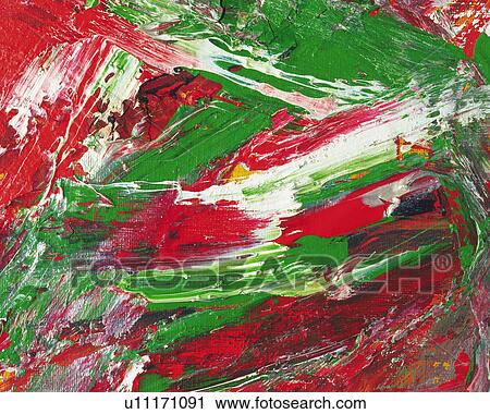 Stock Image - Oil Painting in Red, Green and White Colors, Front View. Fotosearch