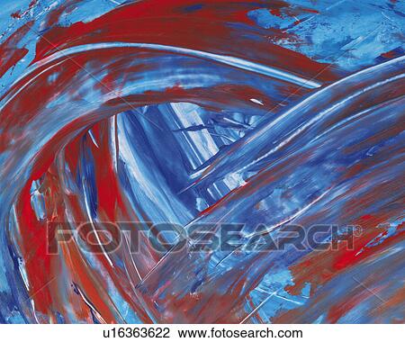 Stock Image - Oil Painting in Red, Light Blue and Blue Colors, Front View. Fotosearch