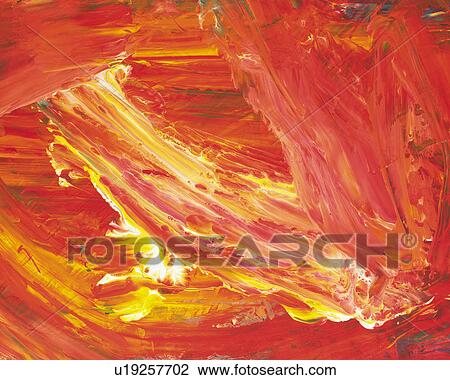 Stock Image - Oil Painting in Red, Yellow and White Colors, Front View. Fotosearch