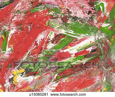Stock Image - Oil Painting in White, Red and Green Colors, Front View. Fotosearch