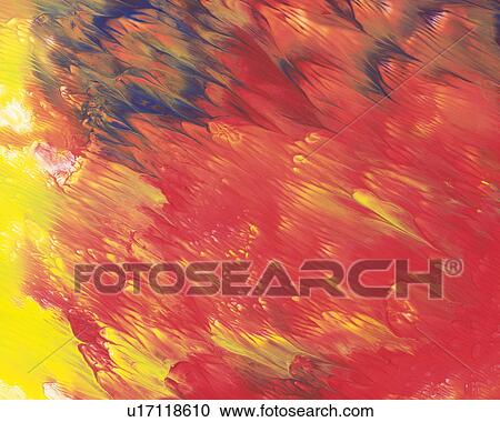 Stock Image - Oil Painting in Yellow, Red and Blue Colors, Front View. Fotosearch