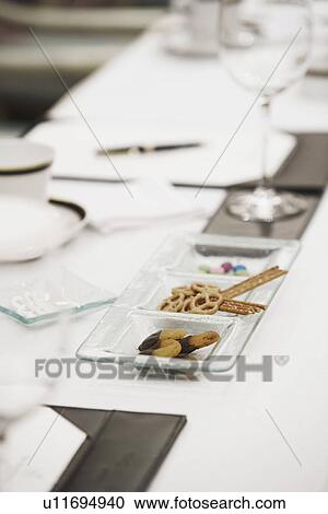 Stock Image - High angle view of snacks on a tray. Fotosearch