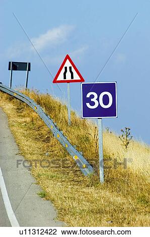 Stock Image - Road, Road sign, Road signs, Traffic sign, Traffic signs, Exterior, Warning sign. Fotosearch