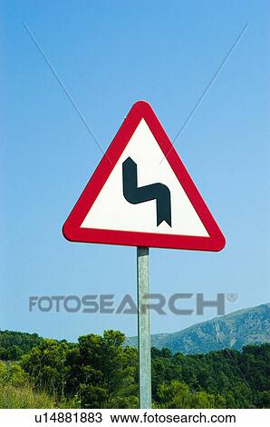Stock Image - Road, Road sign, Road signs, Traffic sign, Traffic signs, Exterior, Bend. Fotosearch