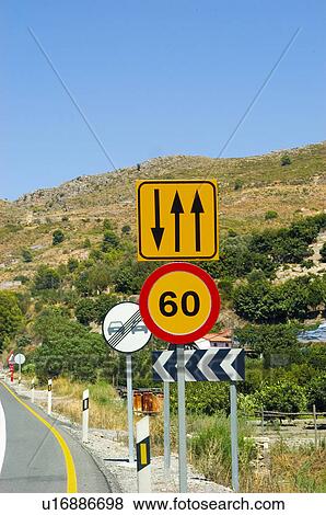 Stock Photo - Road, Road sign, Road signs, Traffic sign, Traffic signs, Exterior, Tree. Fotosearch