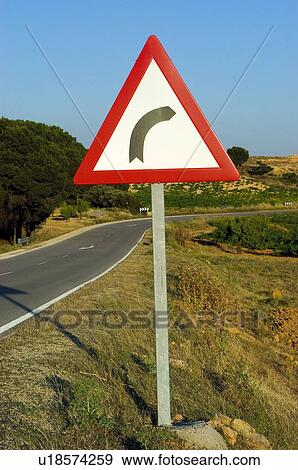 Stock Photo - Road, Road sign, Road signs, Traffic sign, Traffic signs, Exterior, Bend. Fotosearch