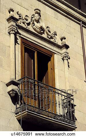 Stock Image - Spain, Spanish, Building, Balcony, Door, Opened, Relief. Fotosearch