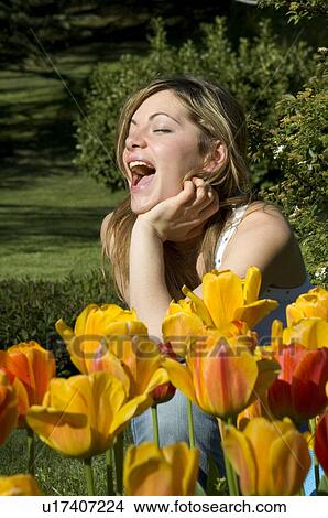 Picture - Woman, Young, Nature, Country, Flowers, Beauty, Blond. Fotosearch