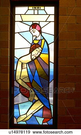 Mother Mary comforting Jesus on stained glass window View Large Photo Image Stock Photo - Mother Mary comforting Jesus on stained glass window. Fotosearch