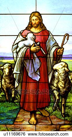 ステンドグラスの窓 の イエス キリスト 良い羊飼い 届く A 子羊 画像コレクション U Fotosearch