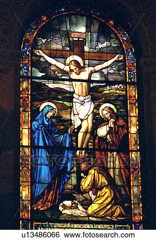 Crucifixion of Jesus depicted on stained glass View Large Photo Image Stock Photograph - Crucifixion of Jesus depicted on stained glass. Fotosearch