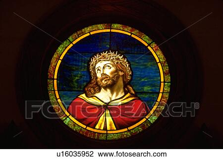 Jesus wearing crown of thorns on stained glass window View Large Photo Image Stock Image - Jesus wearing crown of thorns on stained glass window. Fotosearch