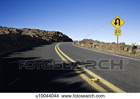 Road and curve in road sign in Haleakala National Park, Maui, Hawaii. View Large Photo Image Picture - Road and curve in road sign in Haleakala National Park, Maui, Hawaii.. Fotosearch