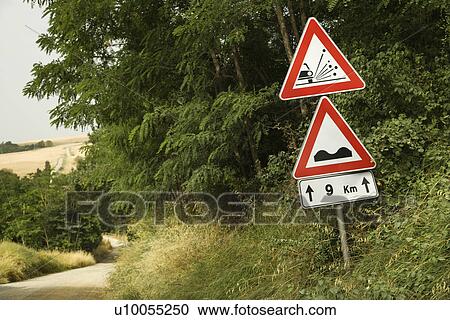 Road sign warnings, Tuscany. View Large Photo Image Stock Image - Road sign warnings, Tuscany.. Fotosearch