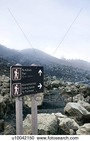 Stock Image - Sign at Haleakala National Park indicating trail to Pa Ka'oao, Keonehe'ehe'e and Sliding Sands.. Fotosearch