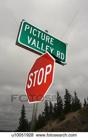 Stop sign and sign reading Picture Valley Rd. View Large Photo Image Stock Photo - Stop sign and sign reading Picture Valley Rd.. Fotosearch