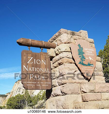 Wooden and stone sign for Zion National Park, Utah. View Large Photo Image Stock Photograph - Wooden and stone sign for Zion National Park, Utah.. Fotosearch