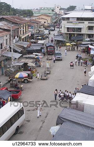 Stock Image - group of people, aerial view, automobiles. Fotosearch
