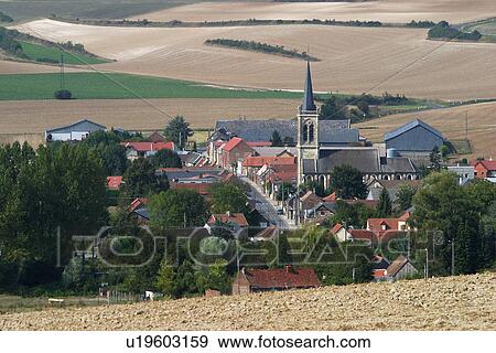 Stock Photo - outdoors, town, township, homes, houses, steeple. Fotosearch