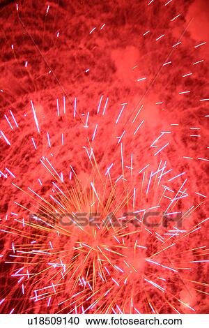 Stock Image - outdoors, view, pyrotechnics, rockets, explosives, light. Fotosearch