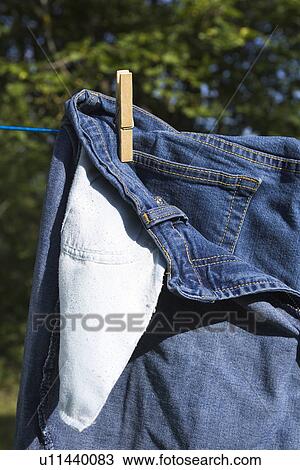Stock Image - Close-Up, Clothes Peg, Clothesline, Day, Drying. Fotosearch