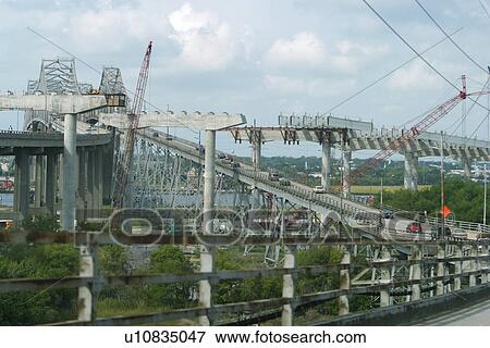 Stock Photo - highway, bridge, construction, construct, labor, cranes. Fotosearch