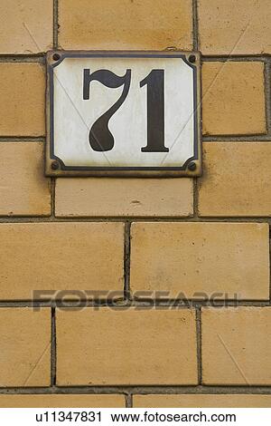 Stock Image - Address, Metal, Brick Wall, 71. Fotosearch