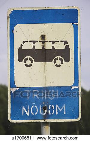 Stock Image - Blue, Bus, Close-Up, Directions, Displayed. Fotosearch
