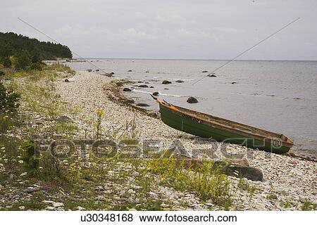 Stock Photo - Tranquil Scene, Sea, Peaceful, Clean, Boat, Sand. Fotosearch