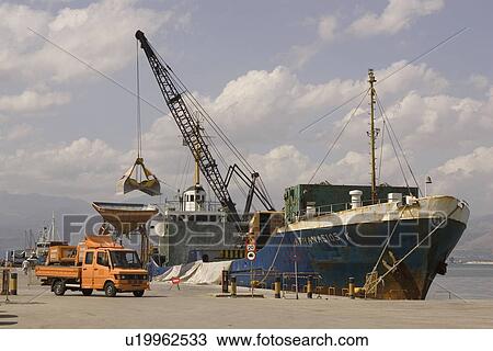 Stock Image - Capital Letter, Cleat, Cloud, Container Ship, Crane. Fotosearch