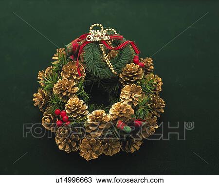 Stock Image - Christmas Wreath, High Angle View, Close Up. Fotosearch