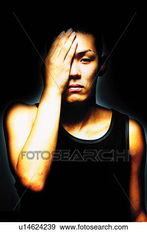 Young Adult Man Looking at Camera with an Eye Blindfolded, Photography, CG, Front View View Large Photo Image Stock Photo - Young Adult Man Looking at Camera with an Eye Blindfolded, Photography, CG, Front View. Fotosearch