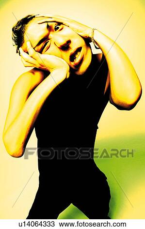 Stock Image - Young Adult Man Posing, Photography, CG, Front View, Toned Image. Fotosearch