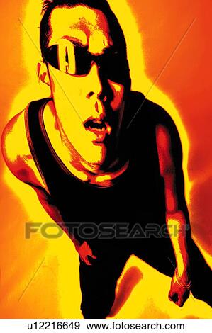 Stock Photo - Young Adult Man Posing, Photography, CG, Composite, High Angle View, Toned Image. Fotosearch