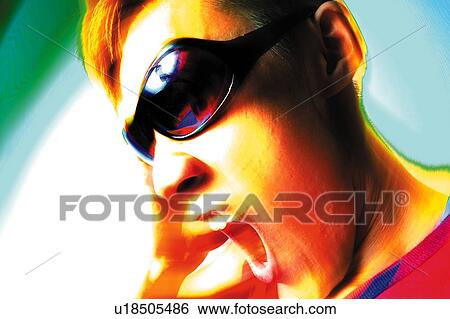 Stock Photograph - Young Adult Man Shouting, Photography, CG, Composite, Side View, Toned Image. Fotosearch