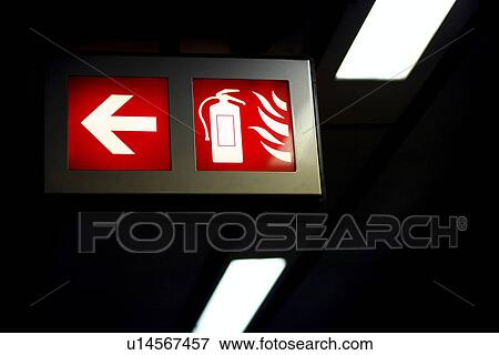 Stock Photo - germany, black, Frankfurt, fire, emergency exit, illuminated, arrow. Fotosearch