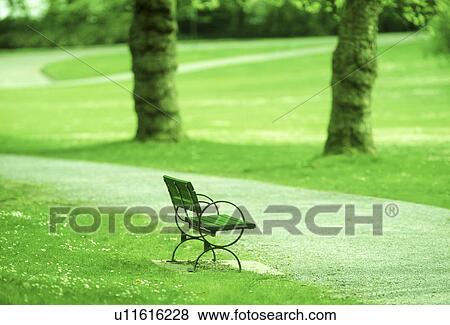 View of a bench in a park View Large Photo Image Stock Photo - View of a bench in a park. Fotosearch