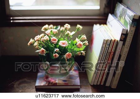 Pink roses in vase and books View Large Photo Image Stock Photo - Pink roses in vase and books. Fotosearch