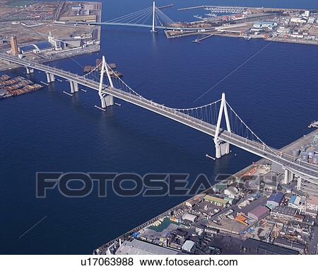 Stock Photo - Aerial view of a spectacular architectural bridge over the river. Fotosearch