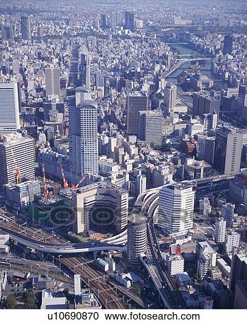 Aerial view of skyscrapers in Osaka, Japan View Large Photo Image Stock Image - Aerial view of skyscrapers in Osaka, Japan. Fotosearch