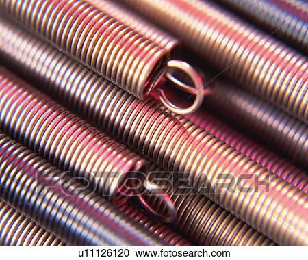 Stock Image - Close up of tightly wound metallic springs. Fotosearch