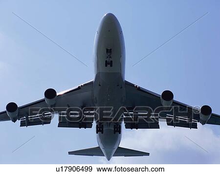 Stock Photo - Low angle view of a plane taking off. Fotosearch