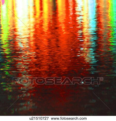 Colorful lights reflected on water surface View Large Photo Image Stock Photo - Colorful lights reflected on water surface. Fotosearch