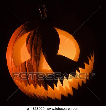 Carved Halloween pumpkin glowing in the dark. View Large Photo Image Stock Photo - Carved Halloween pumpkin glowing in the dark.. Fotosearch