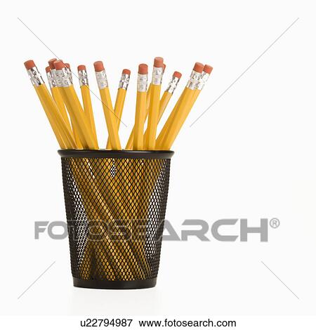 Stock Photo - Group of pencils in a pencil holder with eraser ends up. Fotosearch