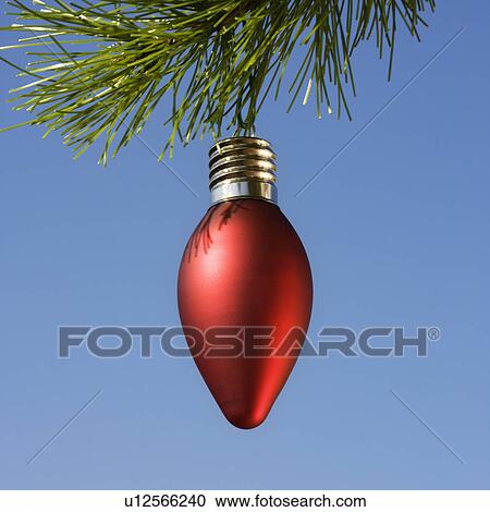 Red ornament hanging on Christmas tree branch against blue background. View Large Photo Image Stock Image - Red ornament hanging on Christmas tree branch against blue background.. Fotosearch