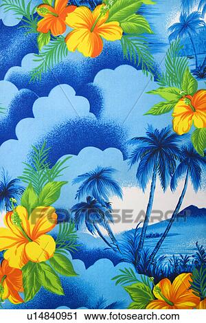 Stock Image - Close-up of bright blue Hawaiian vintage fabric with orange hibiscus flowers printed on polyester. Fotosearch