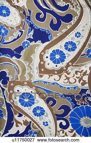 Close Up Of Colorful Vintage Fabric With Blue And Brown Paisley Printed On Polyester Stock Photo U11750027 Fotosearch